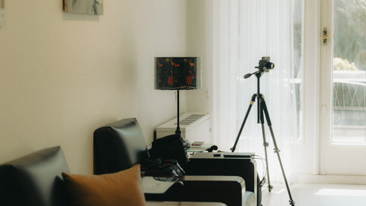A camera on a tripod set up in a bright living room, ready to record a video